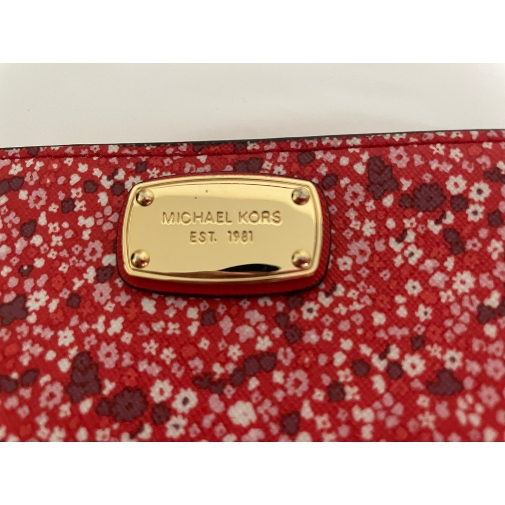 Michael Kors Red Floral Saffiano Leather Wristlet Wallet Gold Hardware Snap#651 - Picture 3 of 9